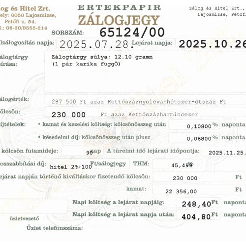 L-65124 sz. zálogjegy