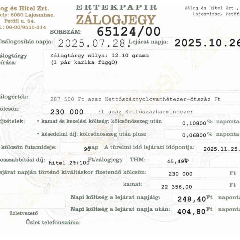 L-65124 sz. zálogjegy