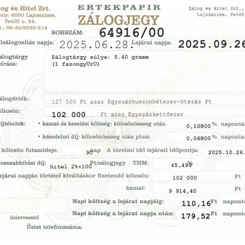 L-64916 sz. zálogjegy