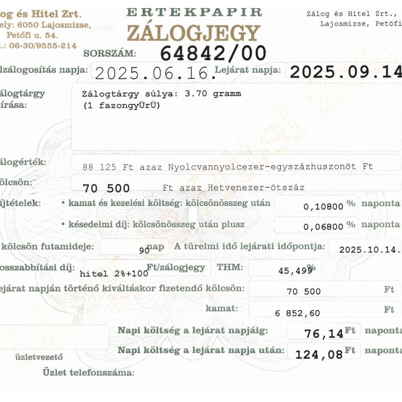 L-64842 sz. zálogjegy