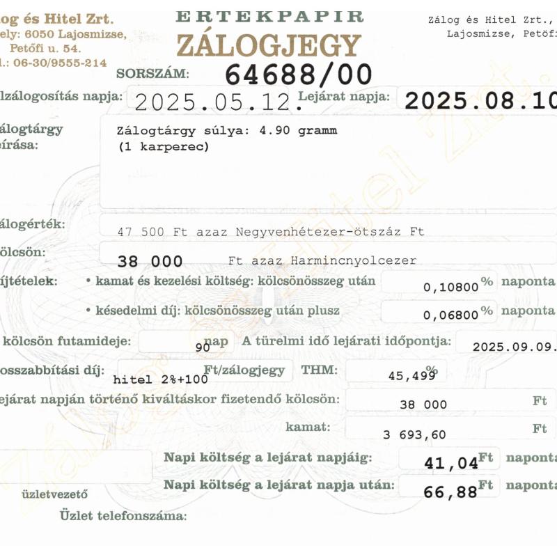 L-64688 sz. zálogjegy