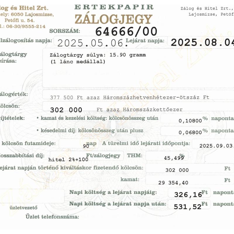 L-64666 sz. zálogjegy