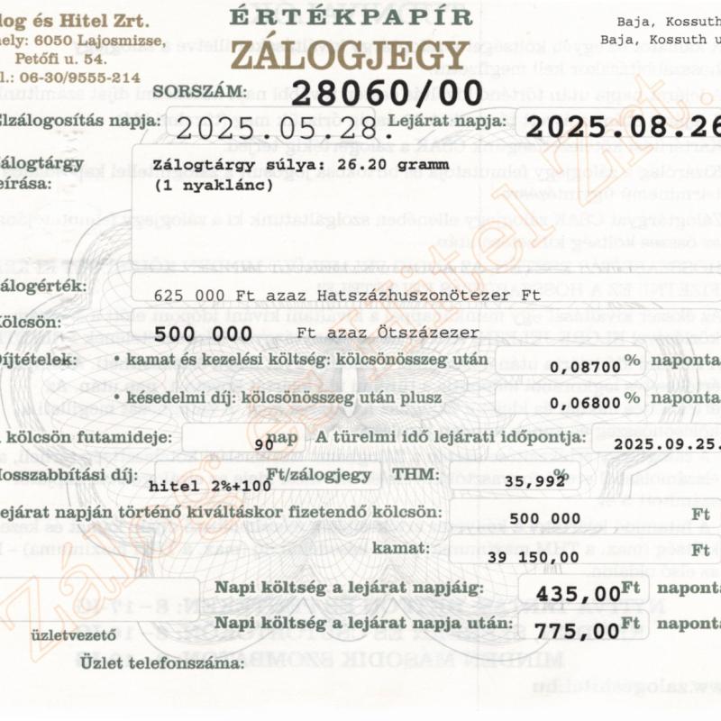 B-28060 sz. zálogjegy