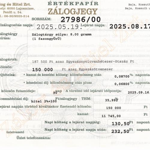 B-27986 sz. zálogjegy
