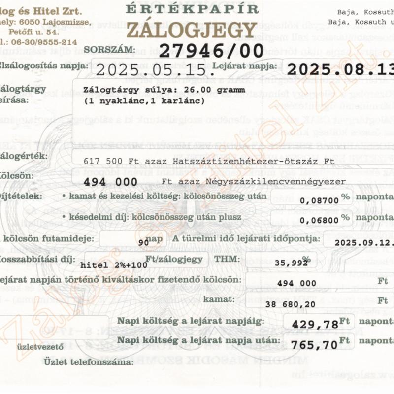 B-27946 sz. zálogjegy