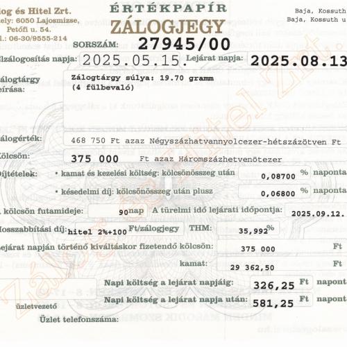 B-27945 sz. zálogjegy