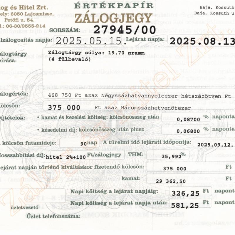 B-27945 sz. zálogjegy