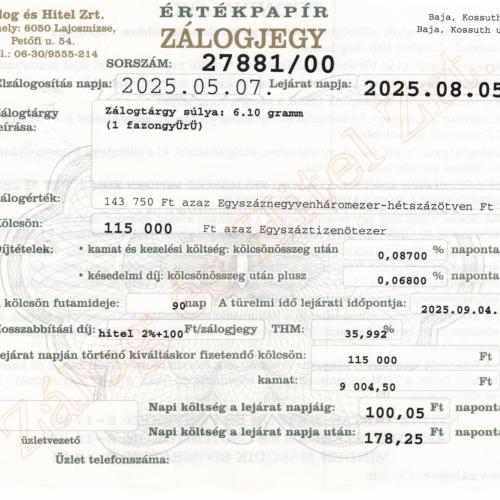 B-27881 sz. zálogjegy