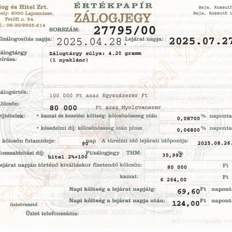 B-27795 sz. zálogjegy