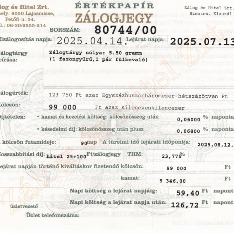 S-80744 sz. zálogjegy