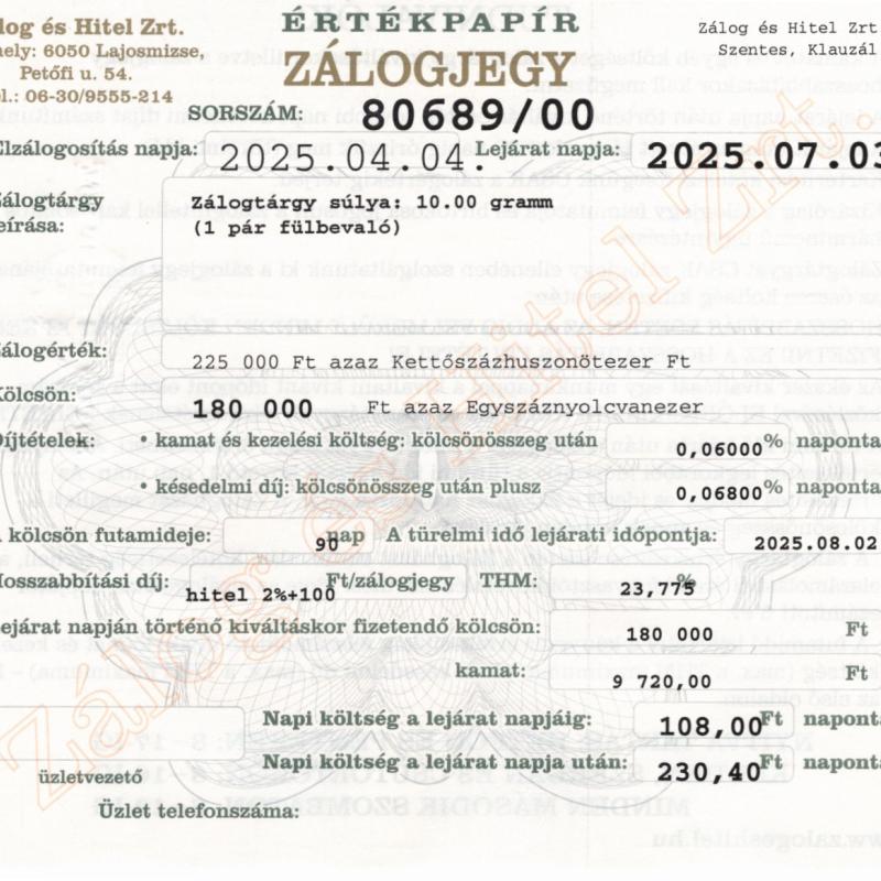 S-80689 sz. zálogjegy