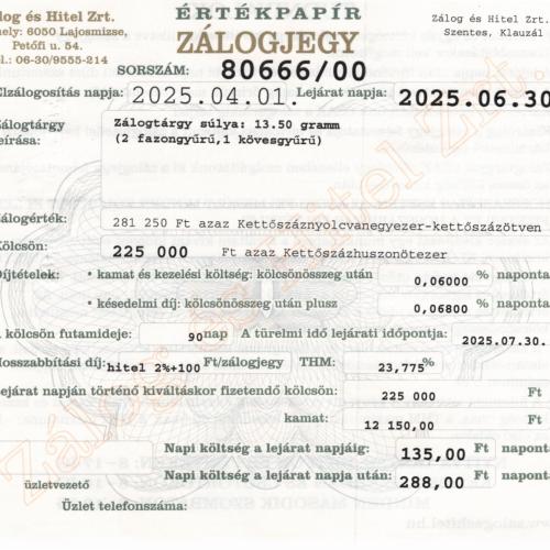 S-80666 sz. zálogjegy