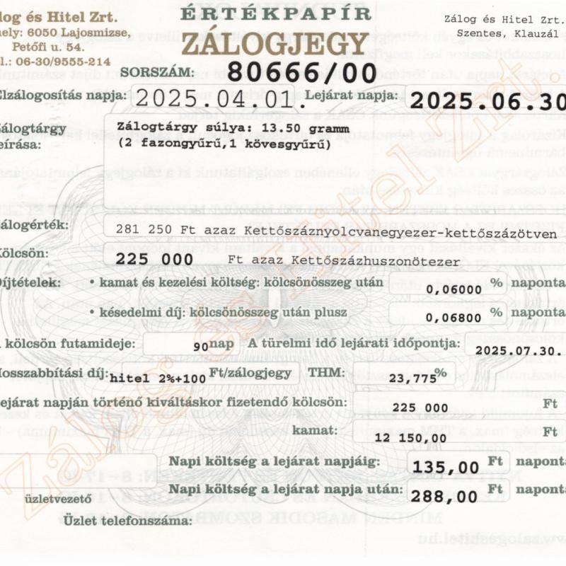 S-80666 sz. zálogjegy