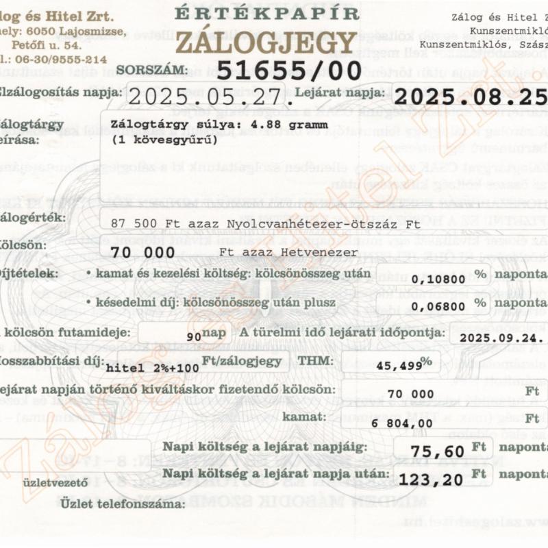 Z-51655 sz. zálogjegy