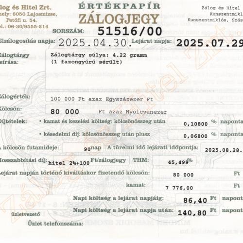 Z-51516 sz. zálogjegy