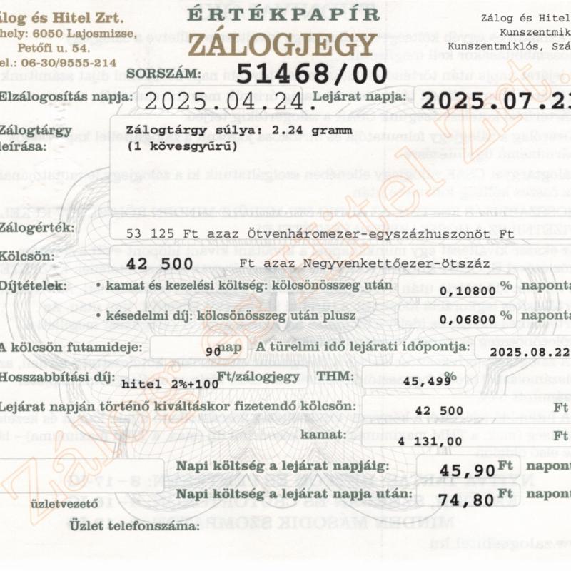 Z-51468 sz. zálogjegy