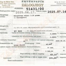 Z-51431 sz. zálogjegy