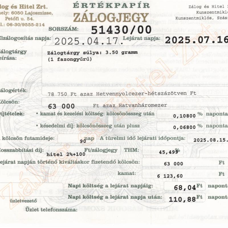 Z-51430 sz. zálogjegy