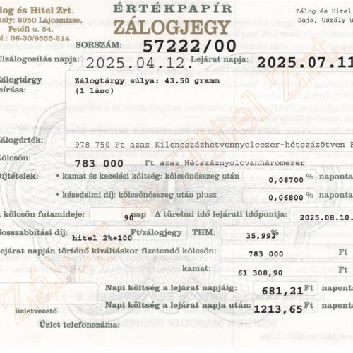 U-57222 sz. zálogjegy