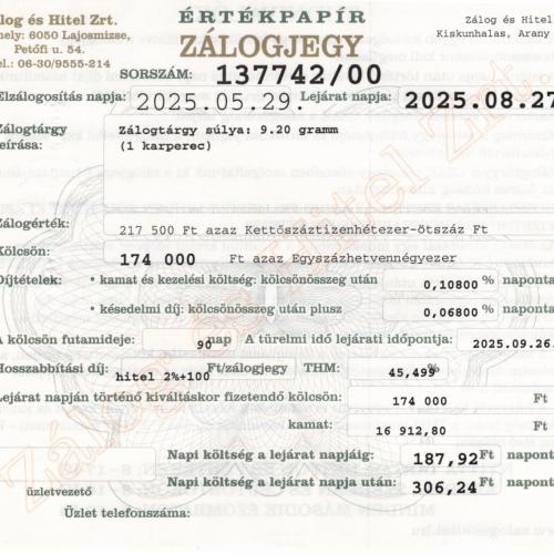 A-137742 sz. zálogjegy