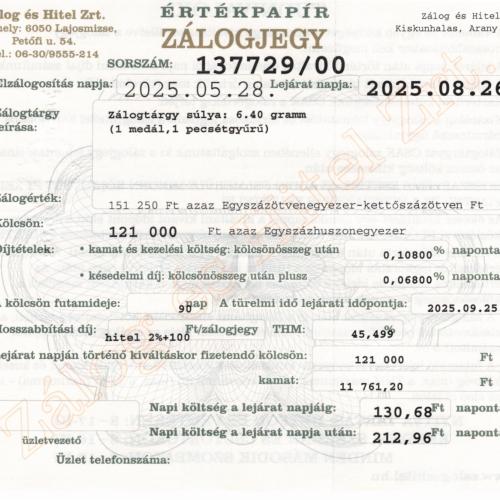 A-137729 sz. zálogjegy