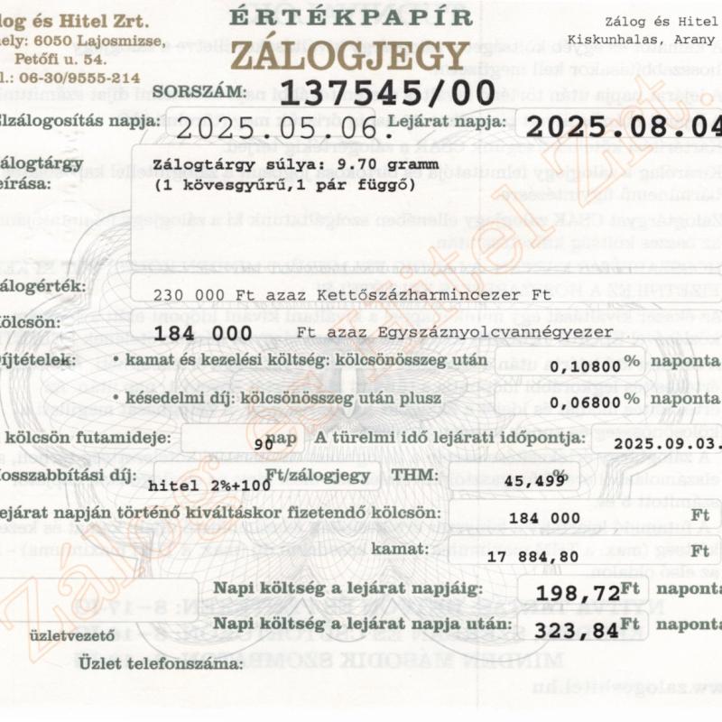 A-137545 sz. zálogjegy