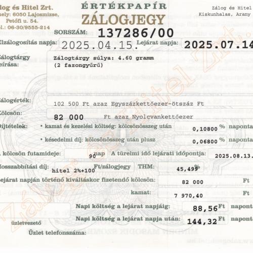 A-137286 sz. zálogjegy