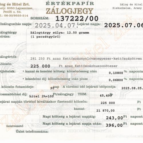 A-137222 sz. zálogjegy