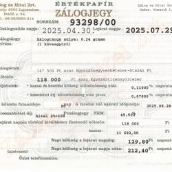 D-93298 sz. zálogjegy