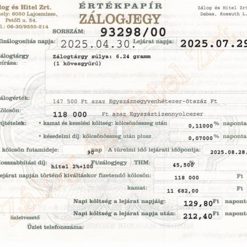 D-93298 sz. zálogjegy