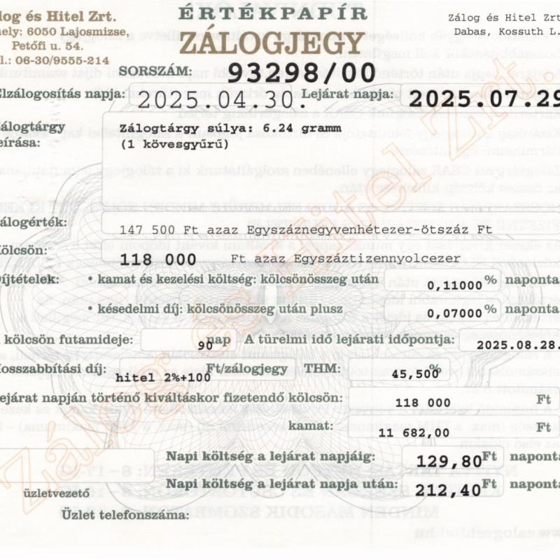 D-93298 sz. zálogjegy