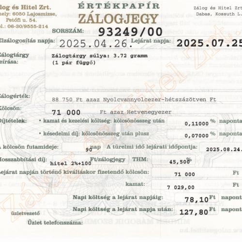 D-93249 sz. zálogjegy