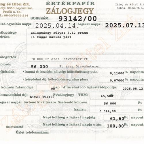 D-93142 sz. zálogjegy