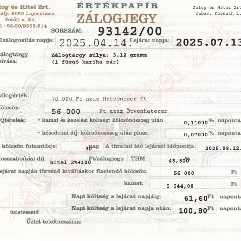 D-93142 sz. zálogjegy
