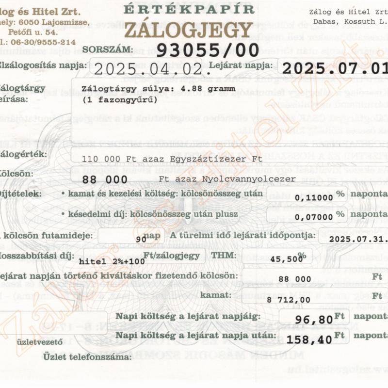 D-93055 sz. zálogjegy
