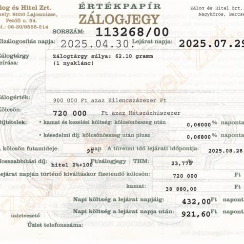 N-113268 sz. zálogjegy