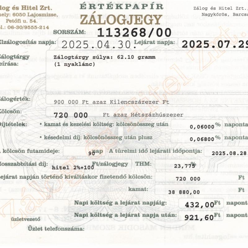 N-113268 sz. zálogjegy