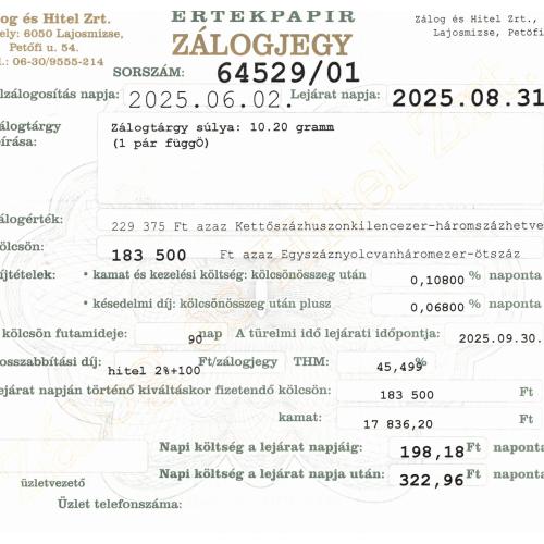 L-64529 sz. zálogjegy