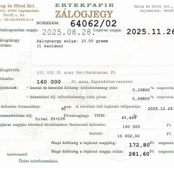 L-64062 sz. zálogjegy