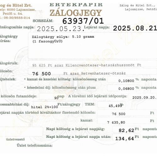 L-63937 sz. zálogjegy