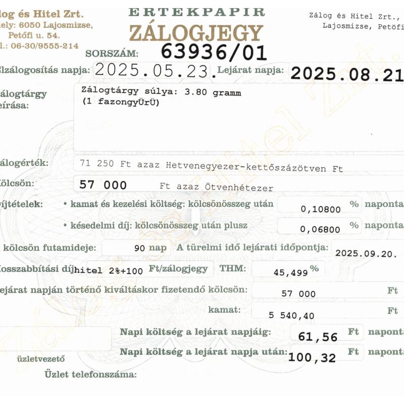 L-63936 sz. zálogjegy
