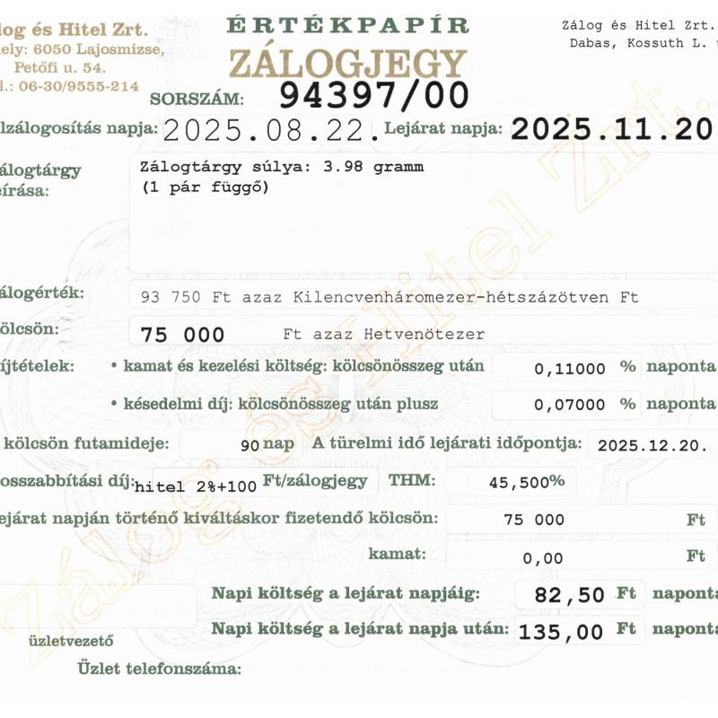 D-94397 sz. zálogjegy