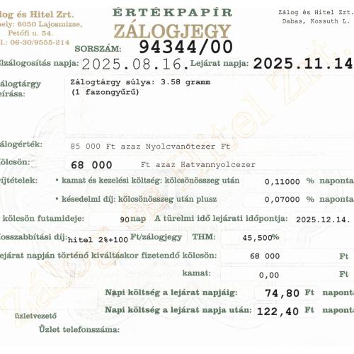 D-94344 sz. zálogjegy