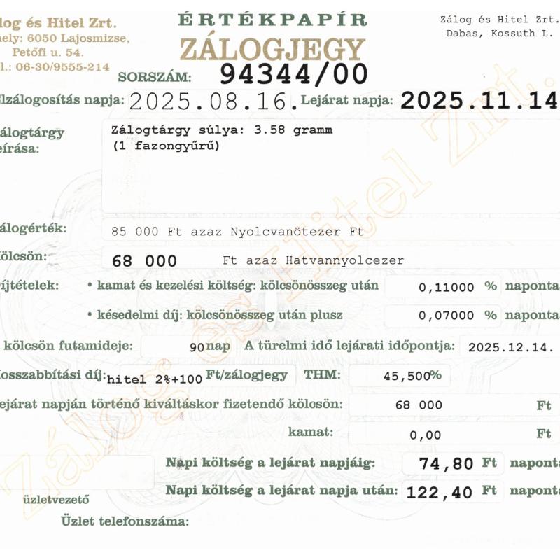 D-94344 sz. zálogjegy