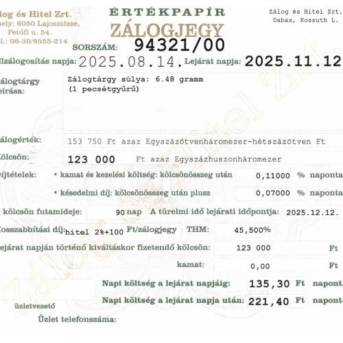 D-94321 sz. zálogjegy