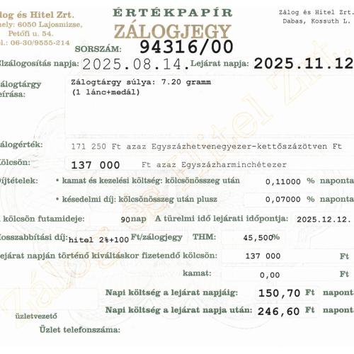 D-94316 sz. zálogjegy