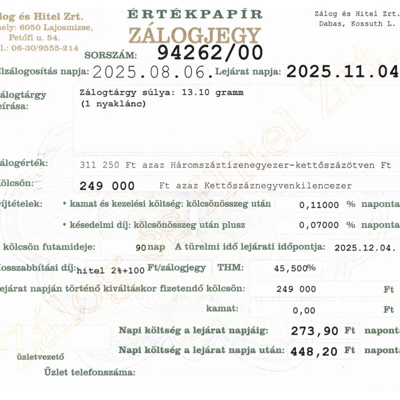 D-94262 sz. zálogjegy