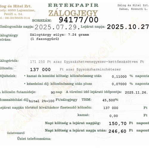 D-94177 sz. zálogjegy