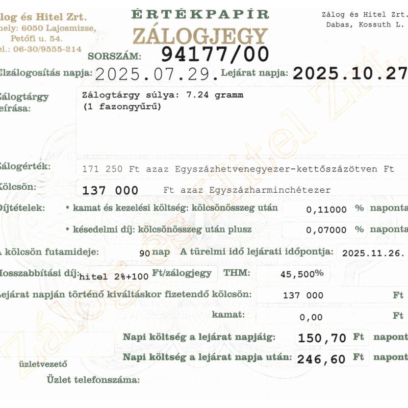 D-94177 sz. zálogjegy