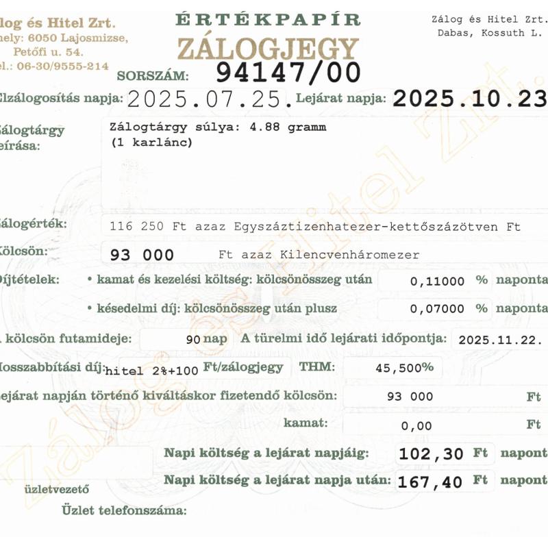 D-94147 sz. zálogjegy